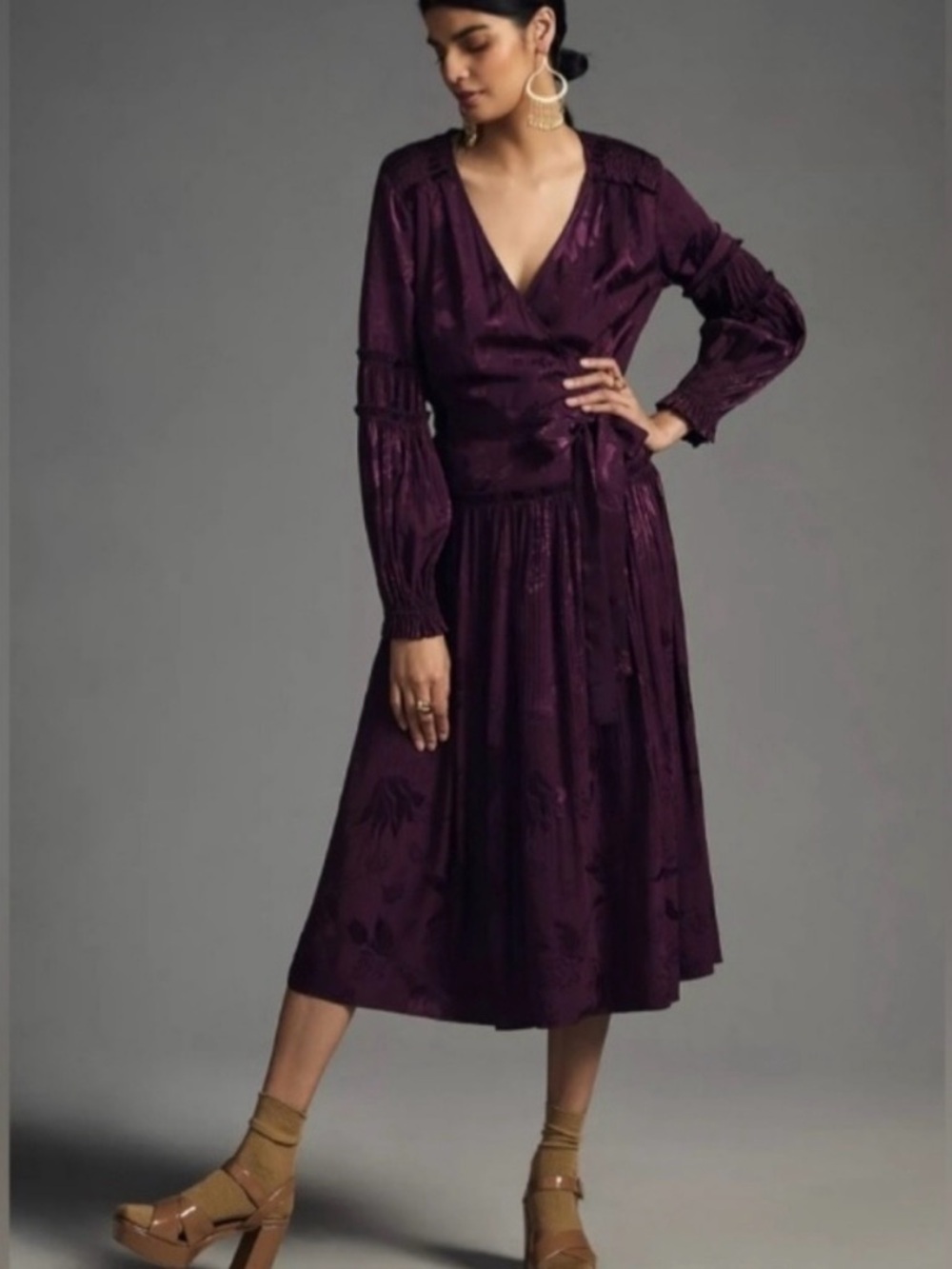 Current Air Plum Wrap V-Neck Long Sleeve Midi Dress